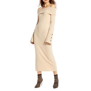 Something Navy Beige Off-Shoulder Midi Dress